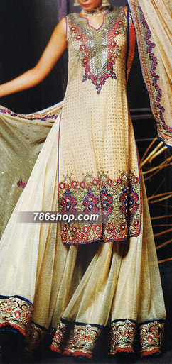  Ivory Chiffon Jamawar Lehenga | Pakistani Party Wear Dresses- Image 1