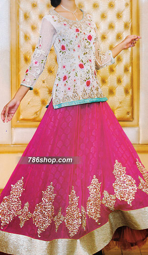  Off-white/Pink Jamawar Lehenga | Pakistani Party Wear Dresses- Image 1