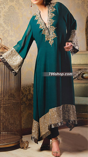  Teal Chiffon Suit | Pakistani Party Wear Dresses- Image 1