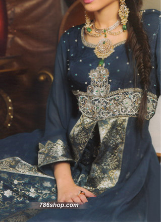  Navy Blue Chiffon Suit | Pakistani Party Wear Dresses- Image 1