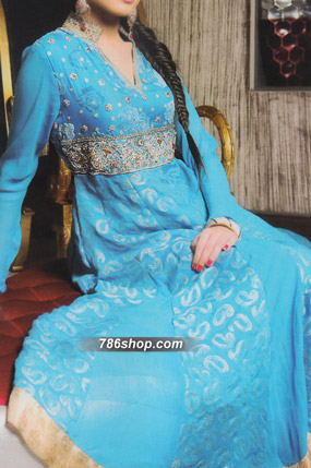  Turquoise Jamawar Chiffon Suit | Pakistani Party Wear Dresses- Image 1