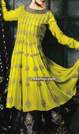  Parrot Green/Black Chiffon Suit | Pakistani Party Wear Dresses USA- Image 1