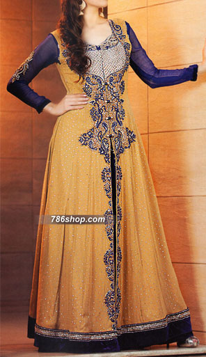  Mustard/Navy Blue Chiffon Suit | Pakistani Party Wear Dresses- Image 1