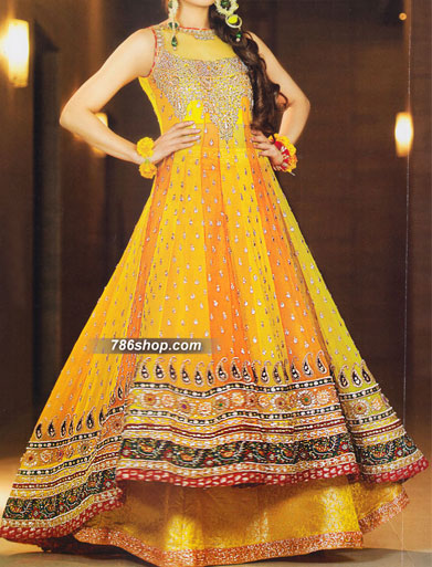  Yellow/Orange Chiffon Suit | Pakistani Party Wear Dresses- Image 1