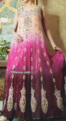  Peach/Magenta Chiffon Suit | Pakistani Party Wear Dresses- Image 1