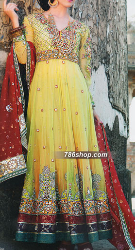  Yellow/Red Chiffon Suit | Pakistani Party Wear Dresses- Image 1