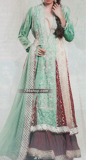  Sea Green/Maroon Silk Suit | Pakistani Party Wear Dresses USA- Image 1