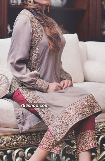  Grey/Red Crinkle Chiffon Suit | Pakistani Dresses in USA- Image 1