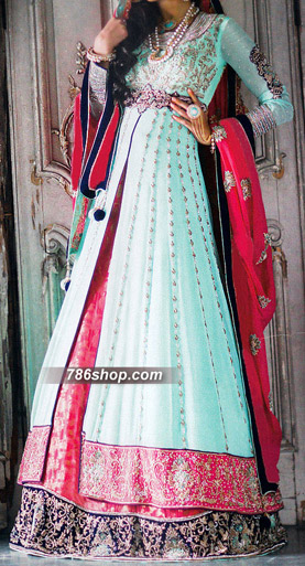  Turquoise/Pink Chiffon Suit | Pakistani Party Wear Dresses- Image 1