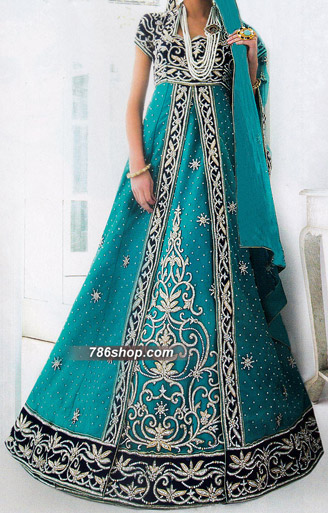  Turquoise Chiffon Sui | Pakistani Party Wear Dresses- Image 1