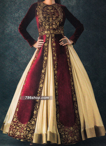  Maroon/Cream Velvet Suit  | Pakistani Dresses in USA- Image 1