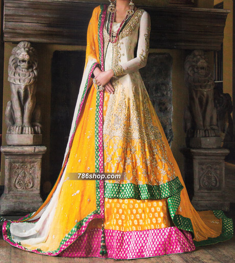  Yellow/Off-White Chiffon Suit | Pakistani Party Wear Dresses- Image 1