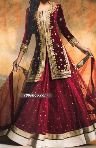  Maroon Velvet Suit | Pakistani Party Wear Dresses- Image 1