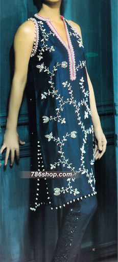  Navy Blue Silk Suit | Pakistani Party Wear Dresses- Image 1