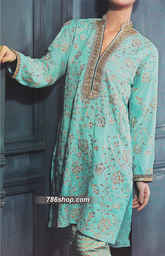  Turquoise Silk Suit | Pakistani Party Wear Dresses- Image 1