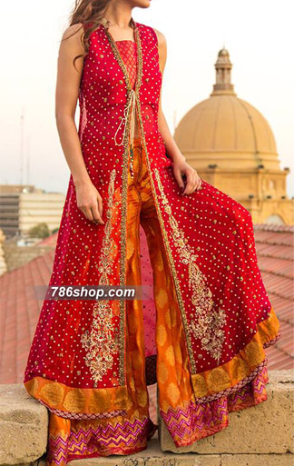 red and orange pakistani dress