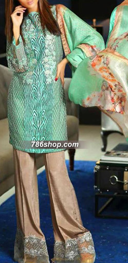 Sobia Nazir Light Green/Beige Net Suit | Pakistani Embroidered Chiffon Dresses- Image 1