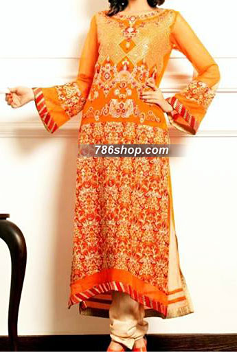 Threads and Motifs Orange Chiffon Suit | Pakistani Dresses in USA- Image 1