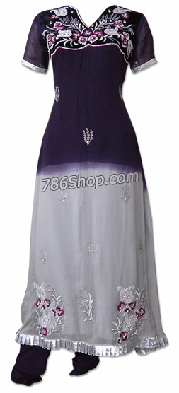  Grey/Indigo Chiffon Suit | Pakistani Dresses in USA- Image 1