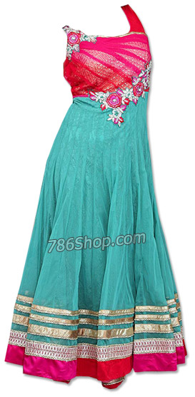  Turquoise/Pink Chiffon Suit | Pakistani Dresses in USA- Image 1