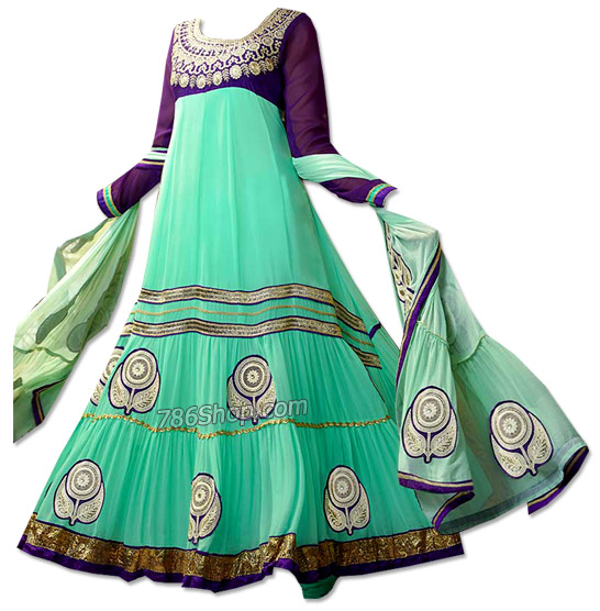  Light Sea Green/Purple Chiffon Suit  | Pakistani Dresses in USA- Image 1