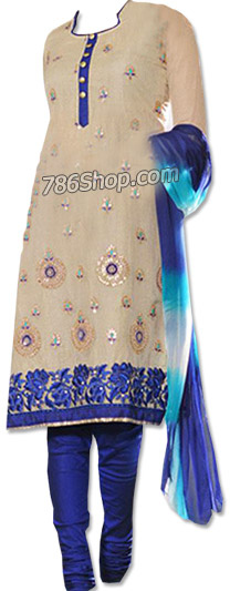  Beige/Blue Chiffon Suit | Pakistani Dresses in USA- Image 1