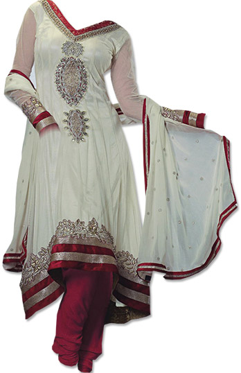 Off-white/Red Chiffon Suit | Pakistani Dresses in USA