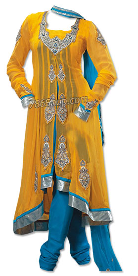  Mustered/Blue Chiffon Suit | Pakistani Dresses in USA- Image 1