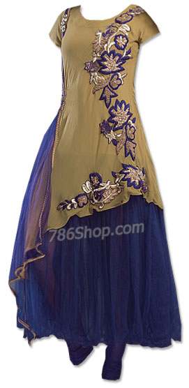  Golden/Blue Chiffon Suit | Pakistani Dresses in USA- Image 1