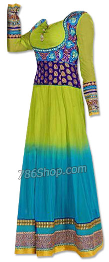  Parrot Green/Turquoise Chiffon Suit | Pakistani Dresses in USA- Image 1