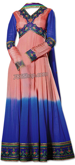  Peach/Blue Chiffon Suit | Pakistani Dresses in USA- Image 1