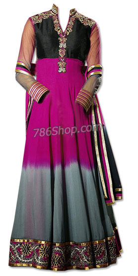  Grey/Hot Pink/Black Chiffon Suit | Pakistani Dresses in USA- Image 1