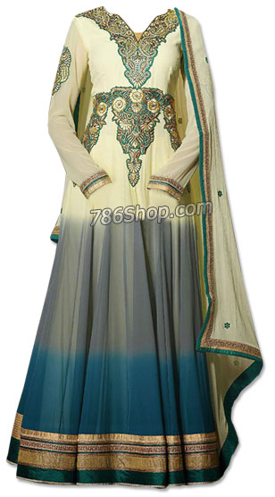  Off-white/Turquoise Chiffon Suit | Pakistani Dresses in USA- Image 1