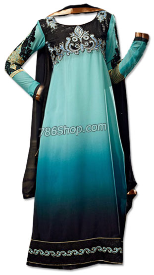  Sky Blue/Black Chiffon Suit | Pakistani Dresses in USA- Image 1