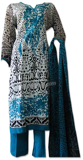  Off-white/Turquoise Cotton Lawn Suit. | Pakistani Dresses in USA- Image 1