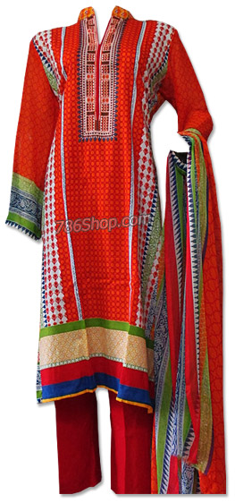  Orange Cotton Lawn Suit | Pakistani Dresses in USA- Image 1