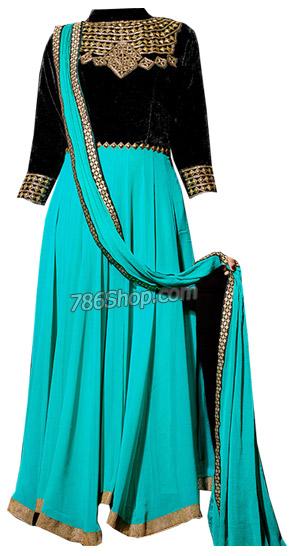  Turquoise/Black Chiffon Suit | Pakistani Dresses in USA- Image 1