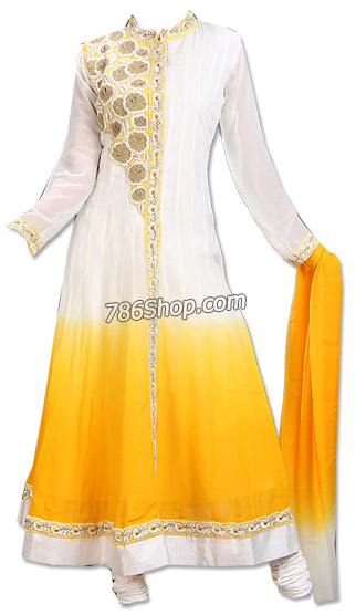  White/Mustard Chiffon Suit | Pakistani Dresses in USA- Image 1