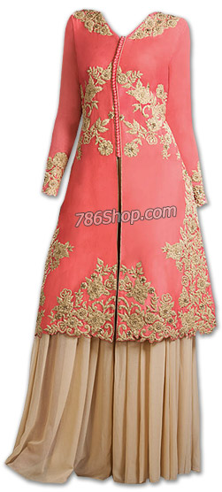  Tea Pink/Beige Chiffon Suit | Pakistani Wedding Dresses- Image 1