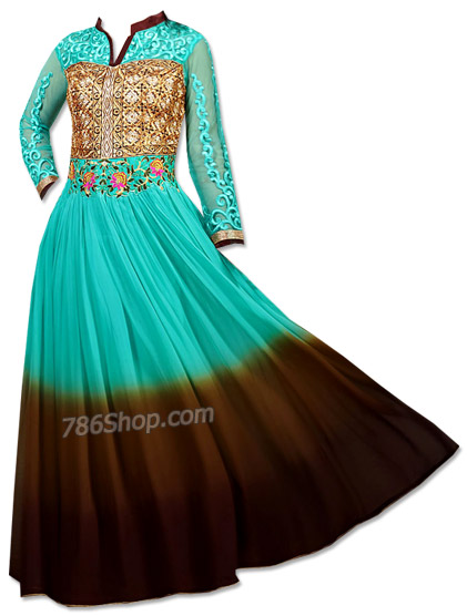  Turquoise/Brown Chiffon Suit | Pakistani Dresses in USA- Image 1