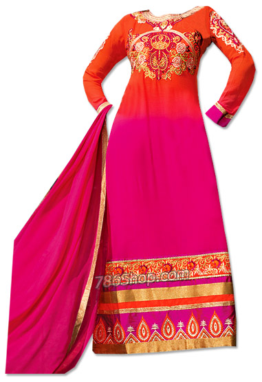  Orange/Hot Pink Chiffon Suit  | Pakistani Dresses in USA- Image 1