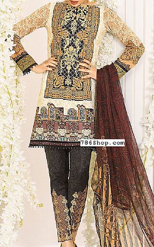Asim Jofa Ivory/Brown Lawn Suit | Pakistani Lawn Dress in USA- Image 1