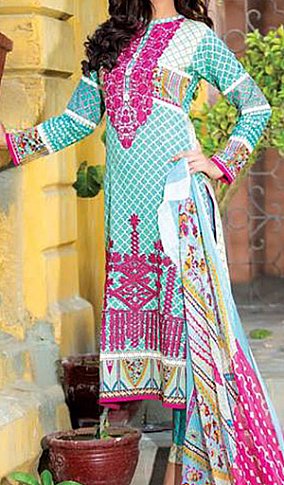 Falak Fabrics Sea Green/Pink Lawn Suit. | Pakistani Dresses in USA- Image 1