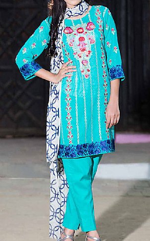 Charizma by Riaz Arts (Plush Gold) Turquoise Swiss Voile Suit | Pakistani Dresses in USA- Image 1