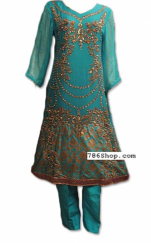 Taiba Boutique Turquoise Crinkle Chiffon Suit | Pakistani Dresses in USA- Image 1