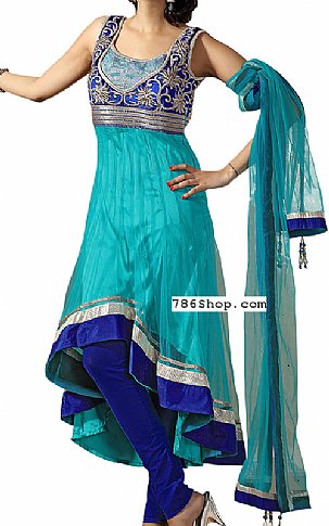  Turquoise/Blue Chiffon Suit | Pakistani Dresses in USA- Image 1