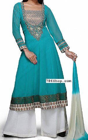  Turquoise Georgette Suit | Pakistani Wedding Dresses- Image 1