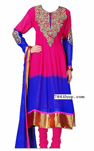  Hot Pink/Blue Chiffon Suit | Pakistani Dresses in USA- Image 1