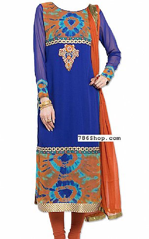  Blue/Rust Chiffon Suit | Pakistani Dresses in USA- Image 1