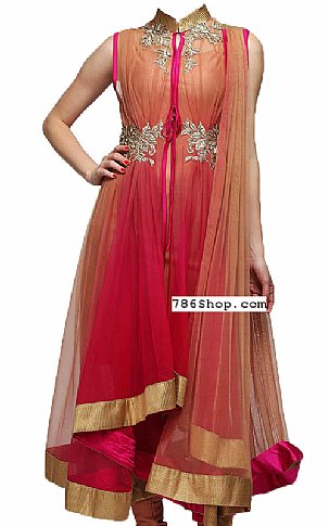  Hot Pink/Beige Chiffon Suit | Pakistani Dresses in USA- Image 1